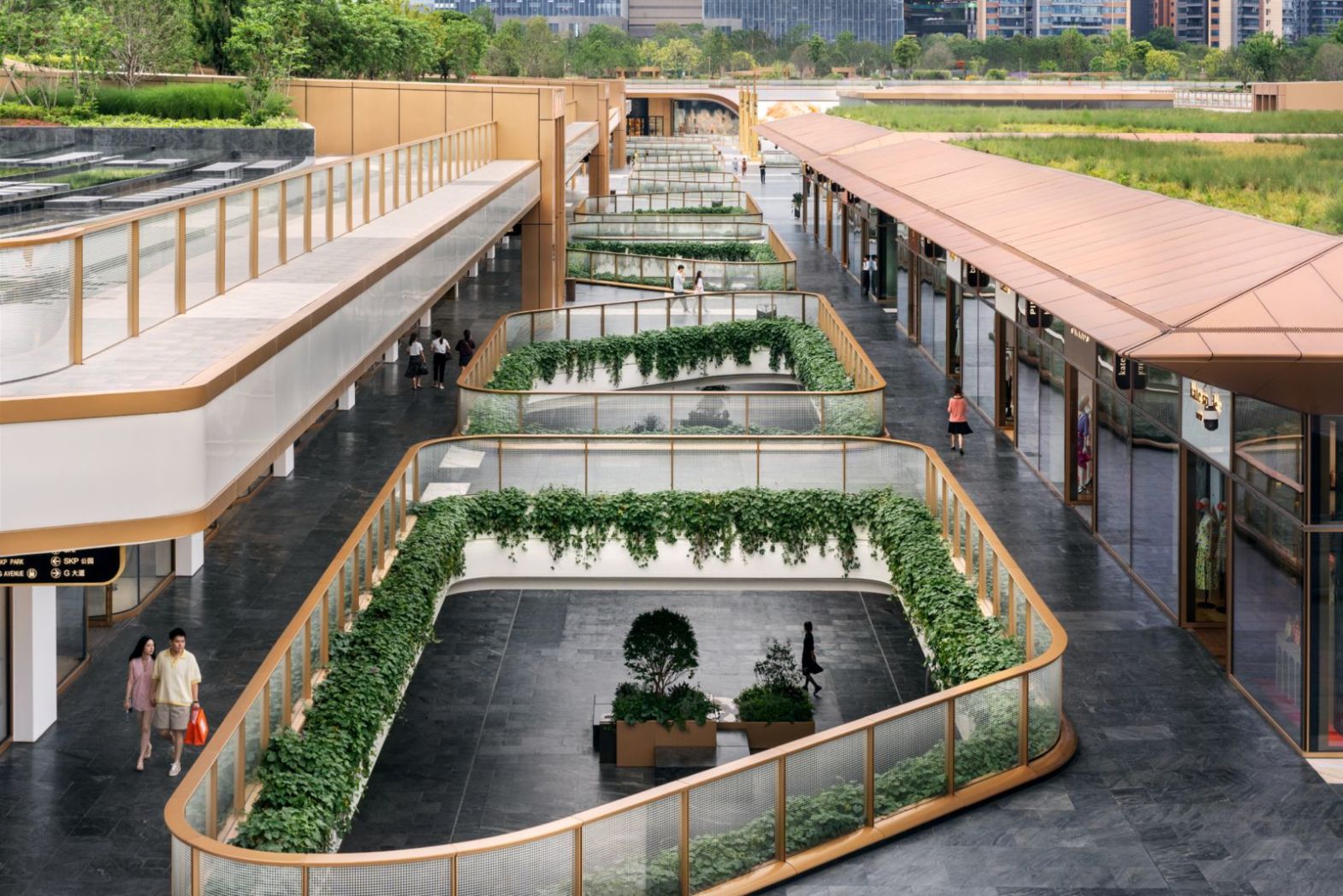 Outdoor shopping area and landscaped walkways at SKP Chengdu