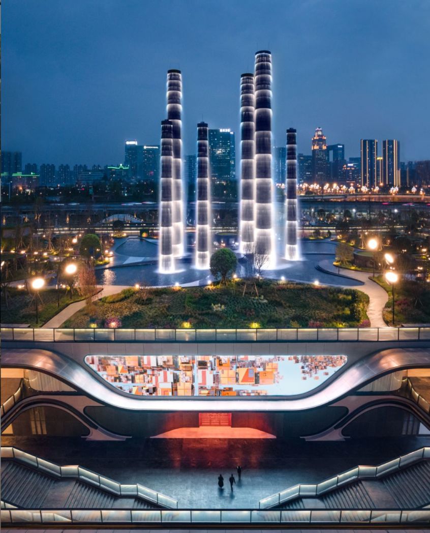 Night view of illuminated structures at SKP Chengdu